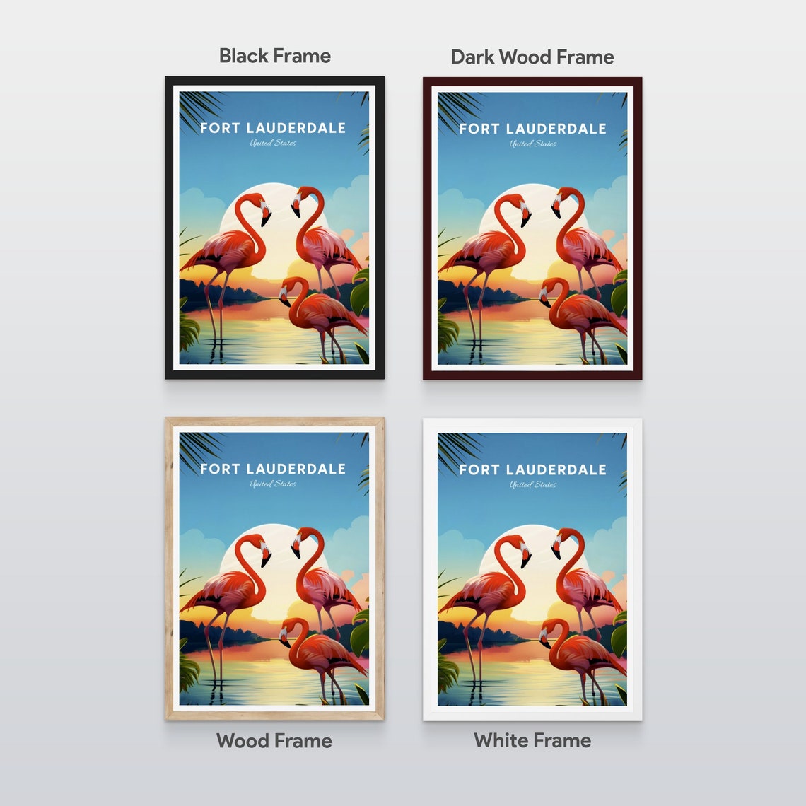 Fort Lauderdale Florida Flamingos Sunset Tropical Lagoon Travel Poster - Image 2