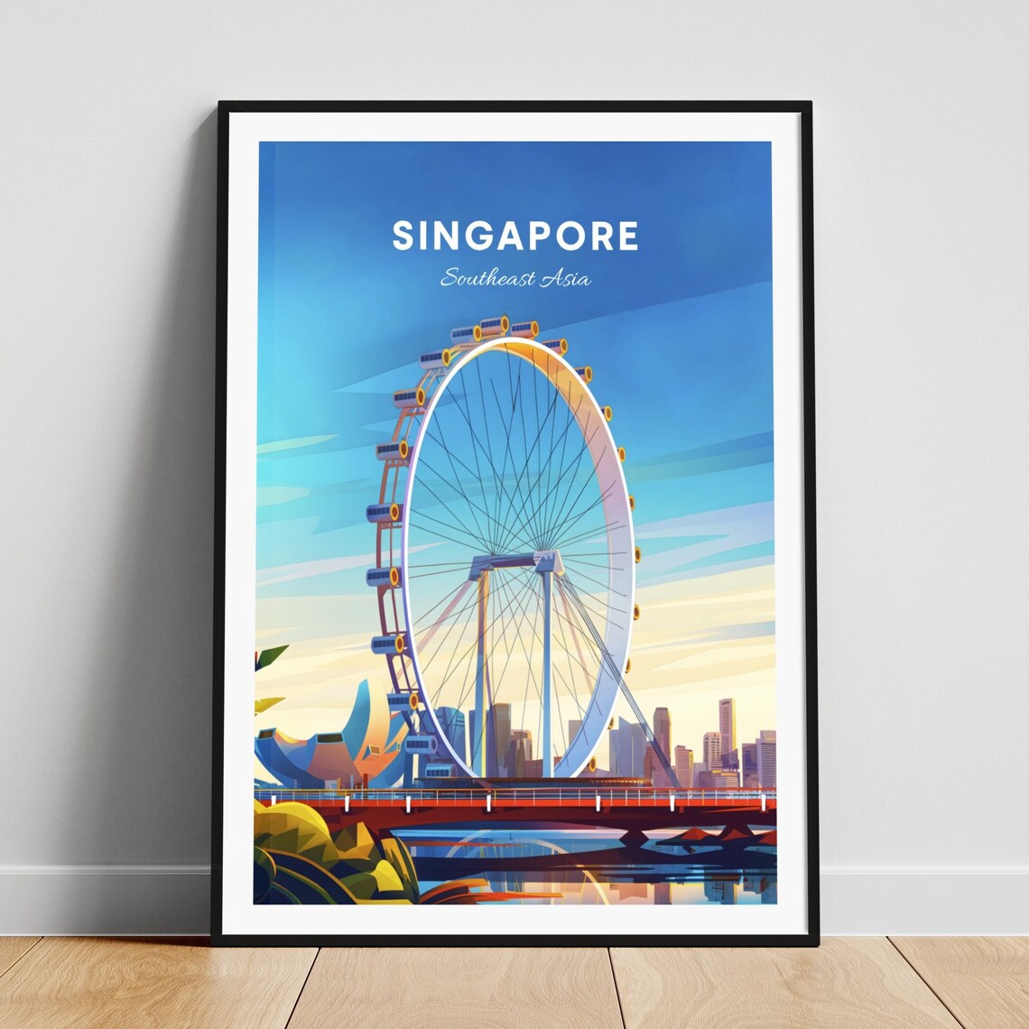Singapore Flyer Ferris Wheel Marina Bay Skyline Vintage Travel Poster