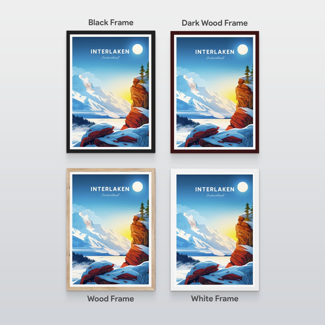 Interlaken Switzerland Snowy Peak Red Rock Cliff Lake Poster - Image 2