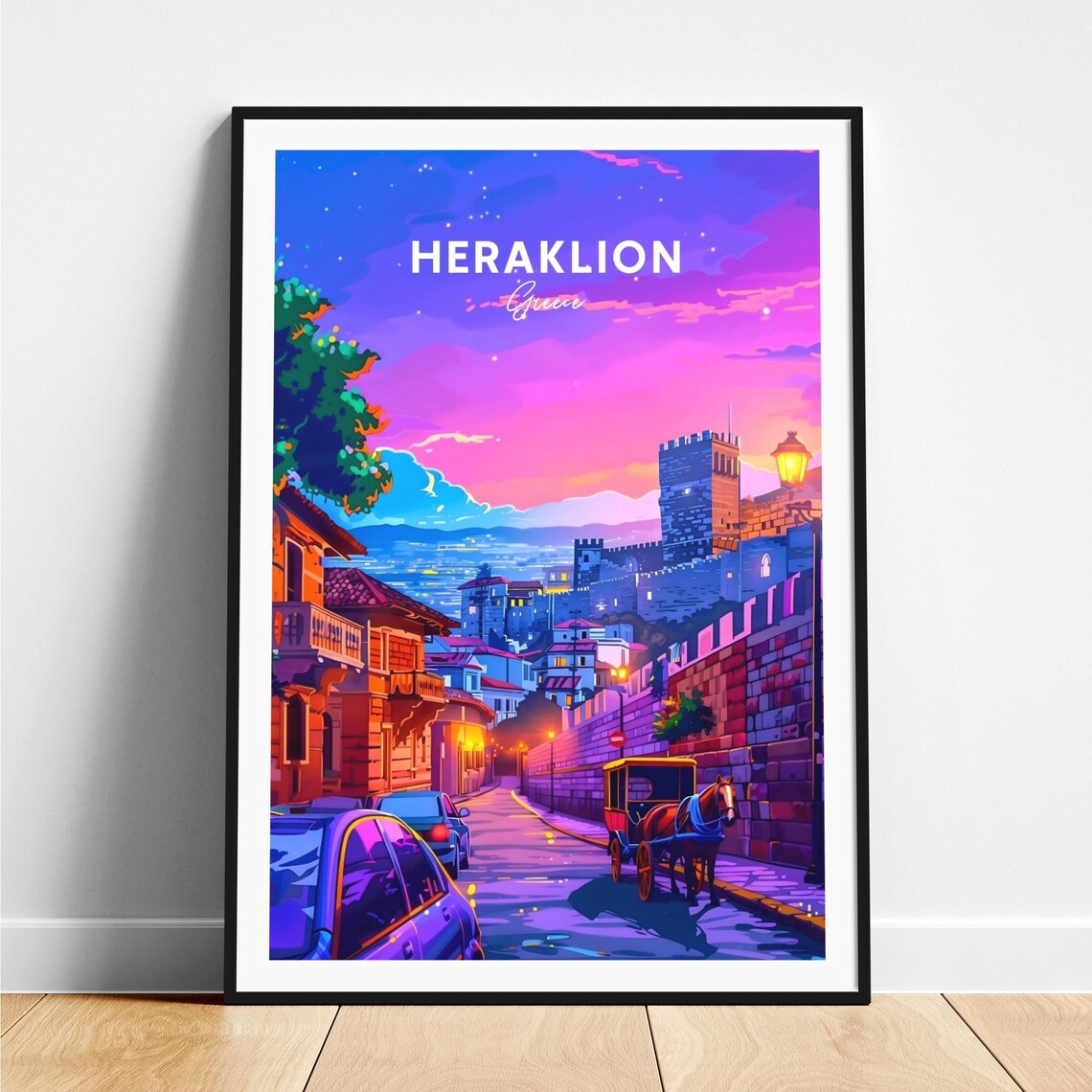 Heraklion Greece Castle Dusk Street Horse Carriage Travel Poster