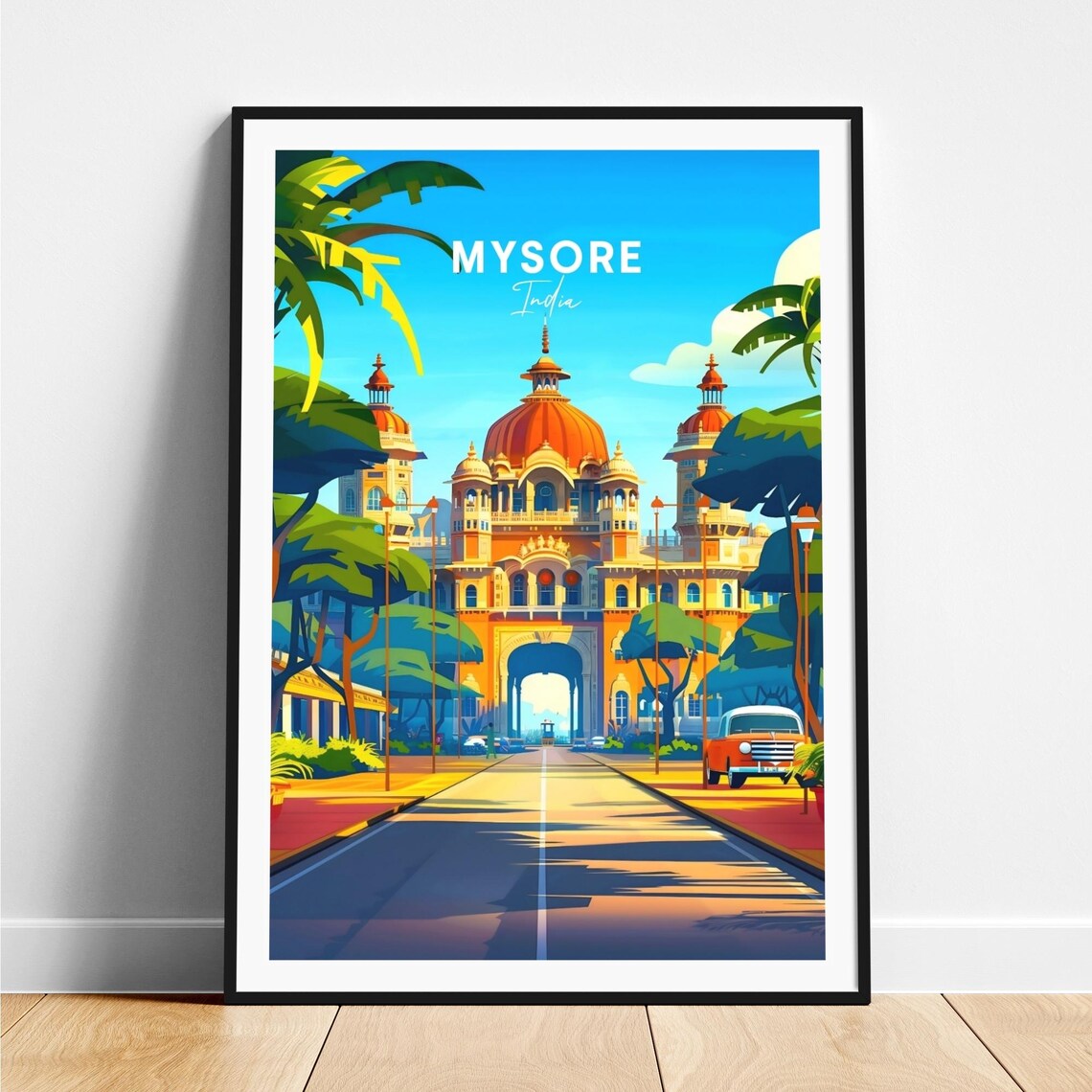 Mysore India Royal Palace Street Vintage Car Sunset Travel Poster