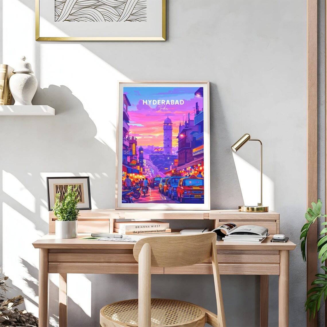 Hyderabad India Old City Neon Street Sunset Tower Taxis Travel Poster - Image 4