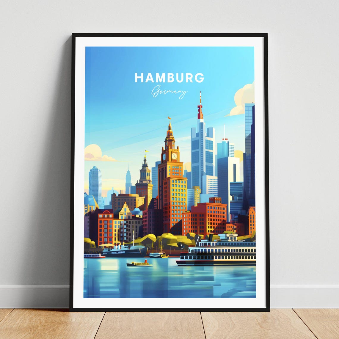 Hamburg Germany Harbor Skyline Busy Ferry Ships Blue Sky Poster
