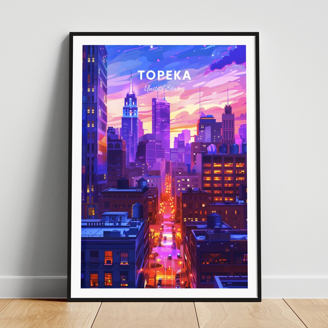 Topeka Neon Night Street Glowing Traffic Pink Sky Travel Poster
