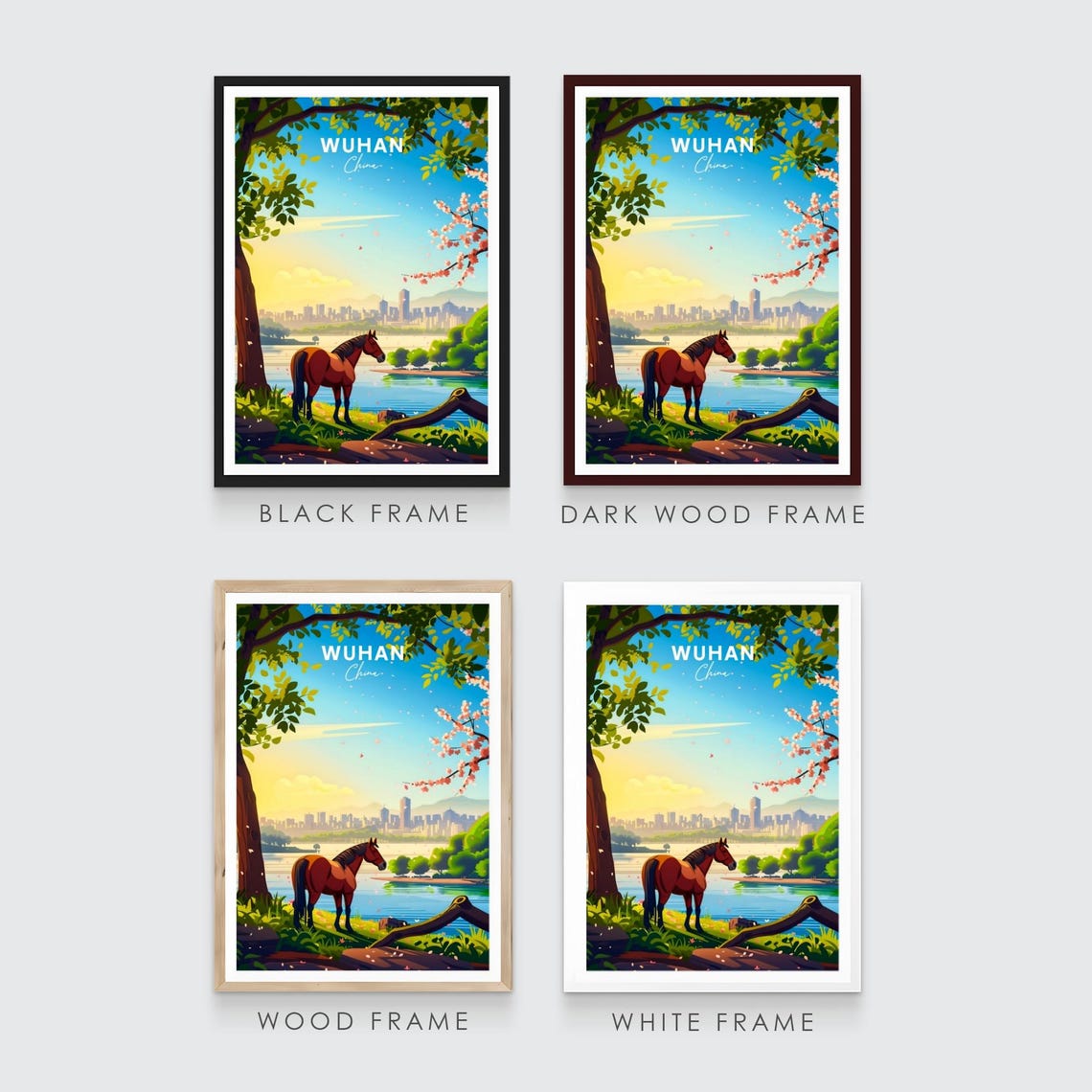 Wuhan China Lakeside Horse Sunrise Skyline Blossom View Poster - Image 3