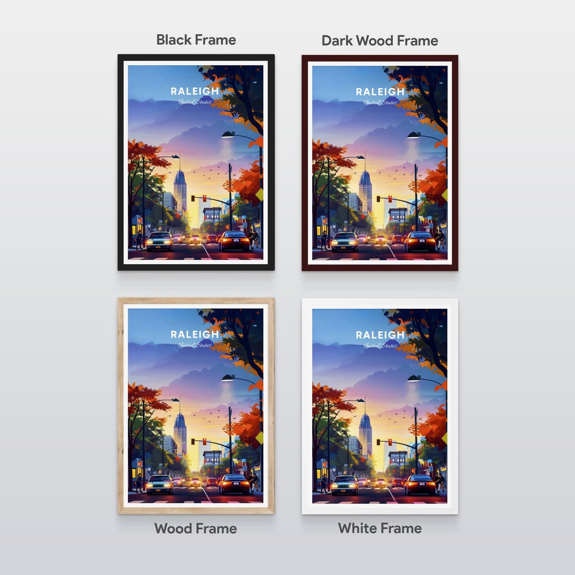 Raleigh NC Glowing Downtown Street Sunset Skyline Travel Poster - Image 2