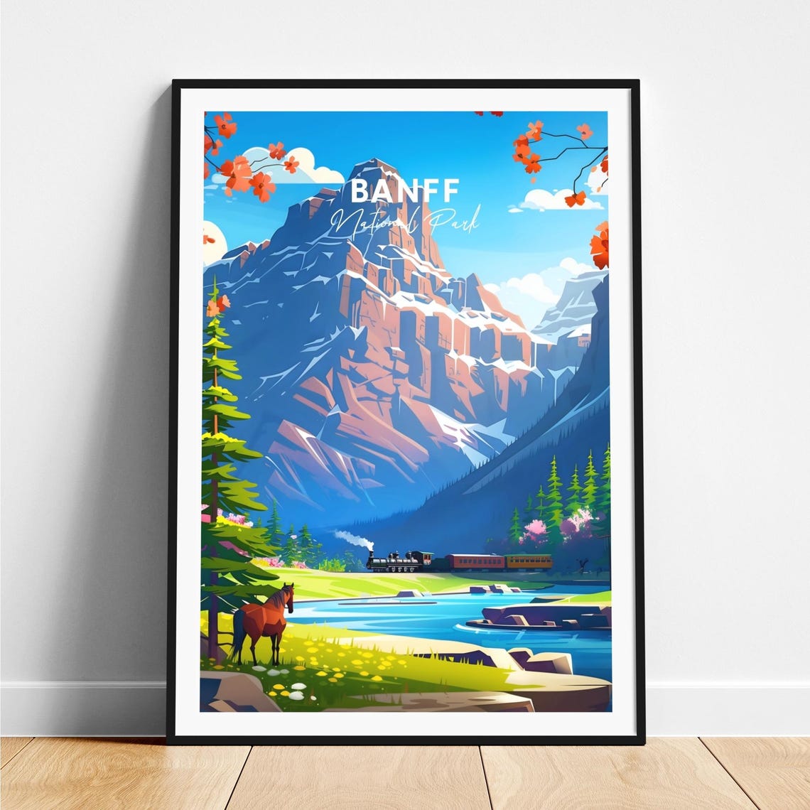 Banff National Park Alberta Rocky Peak Train River Horse Poster