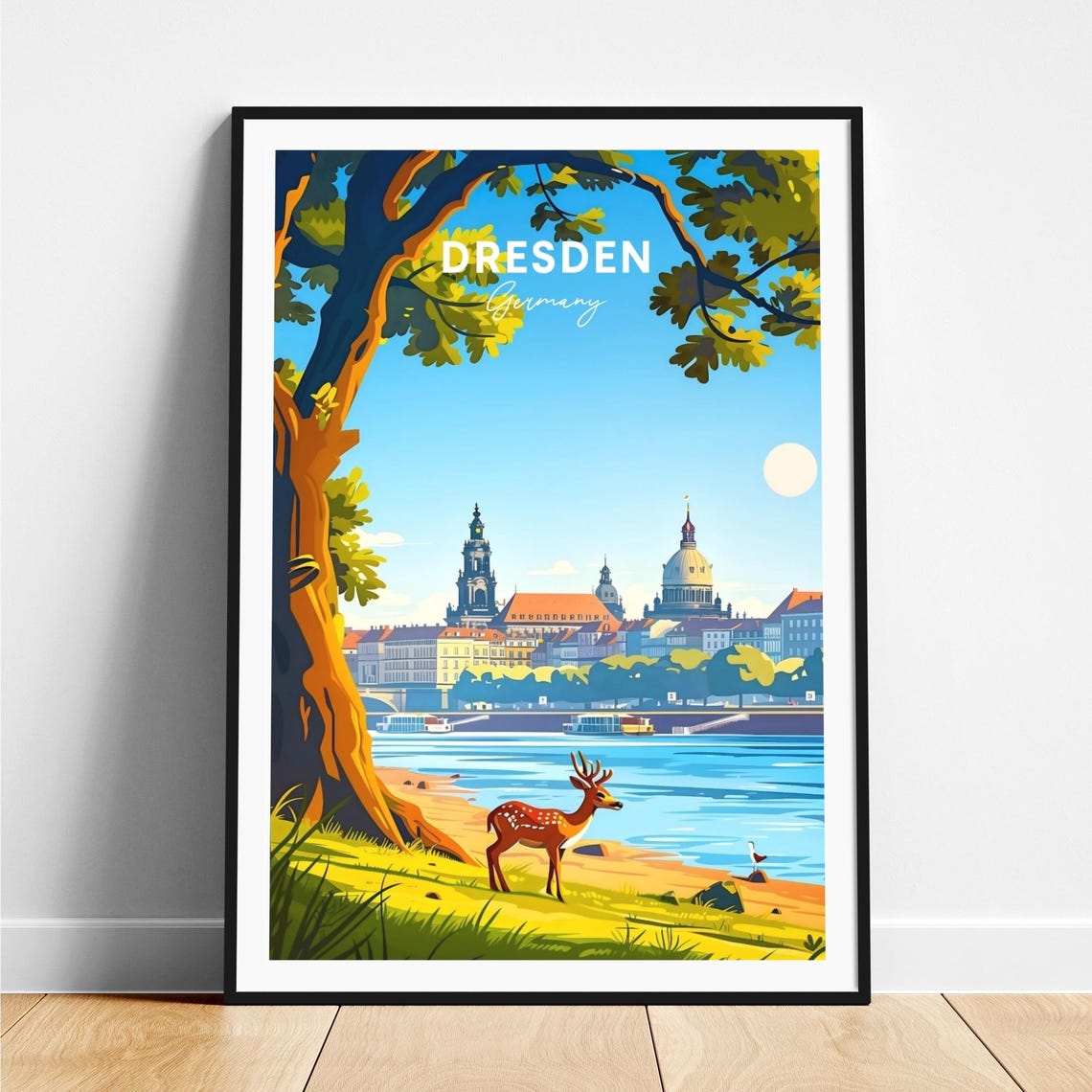 Dresden Elbe River Deer Old Town Skyline Germany Travel Poster