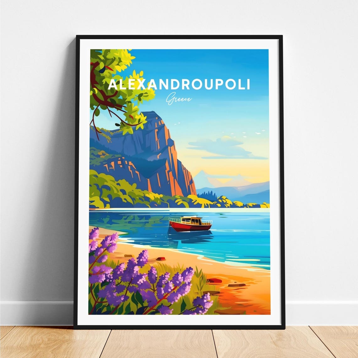 Alexandroupoli Greece Rocky Cliff Boat Flowers Travel Poster Art