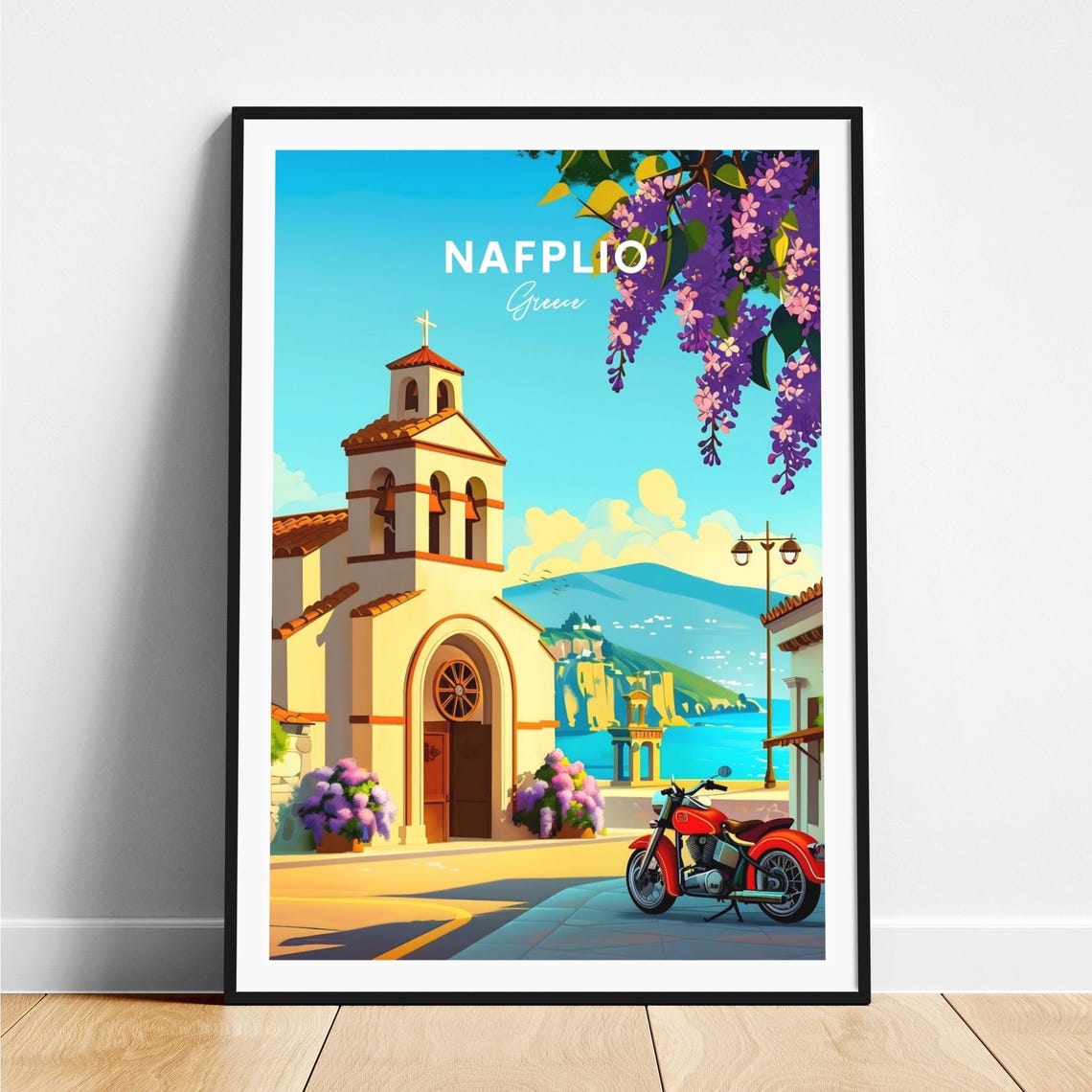 Nafplio Greece Church Bell Tower Red Motorcycle Travel Poster