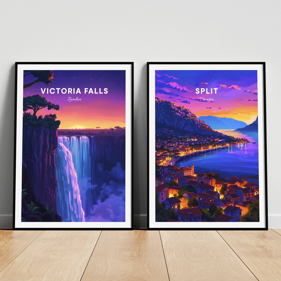 Colorful Split Victoria Falls Roatan Trio Sunset Travel Poster - Image 2