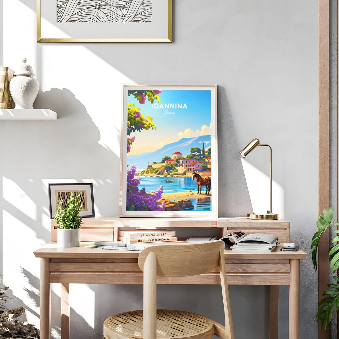 Ioannina Greece Horse on Lakeshore with Town and Mountains Poster - Image 4