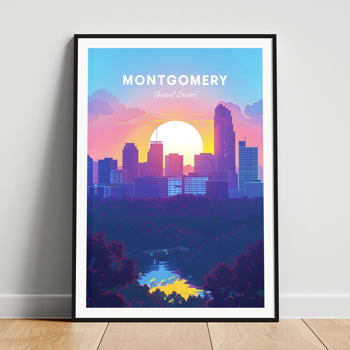 Montgomery Alabama City Skyline Pink Sunset Silhouette Travel Poster