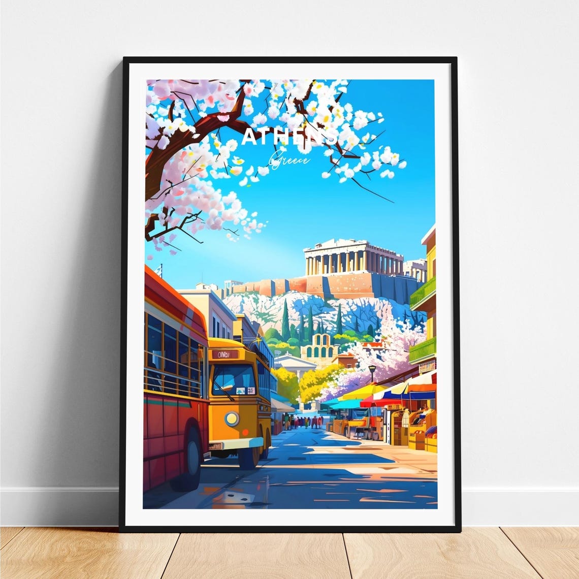 Athens Greece Acropolis Bus Street Blossom Day View Art Poster