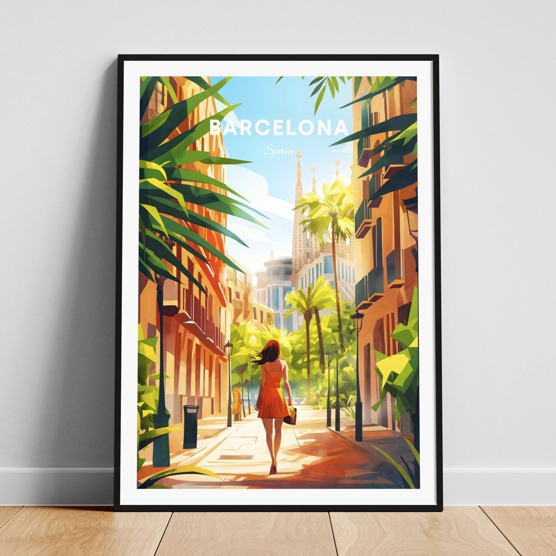Barcelona Spain Palm Street Stroll Sagrada Familia Spires Poster