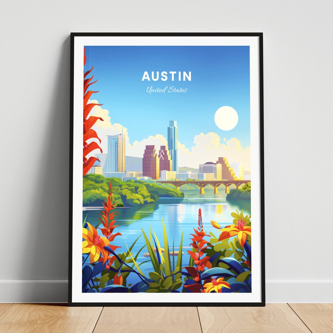 Austin Texas River Bridge Skyline Among Bright Flowers Poster