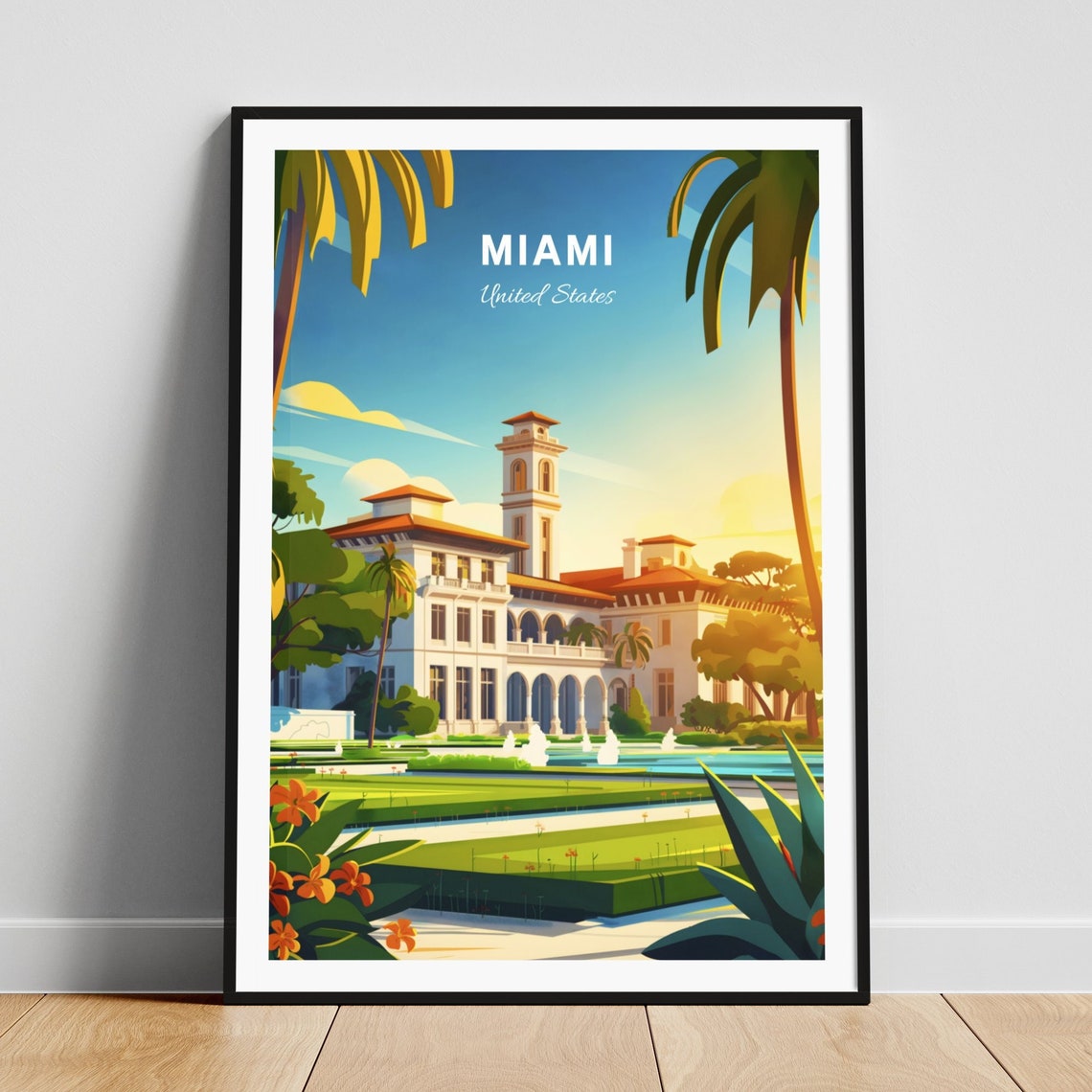 Miami Beach Lifeguard Tower American Flag Retro Style Poster