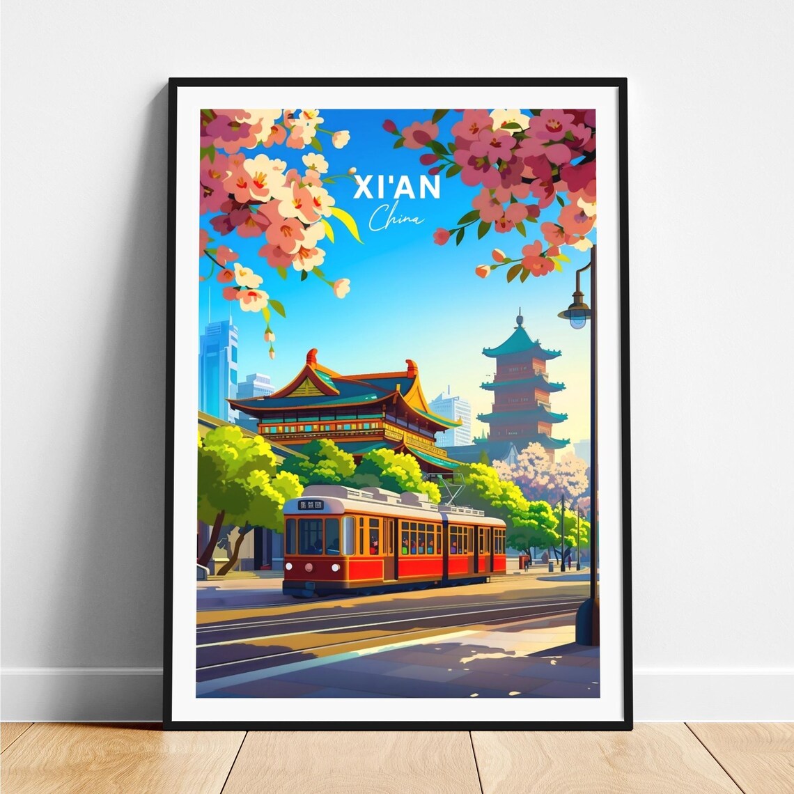 Xian China Vintage Tram Pagoda Cherry Blossom Street Day Poster
