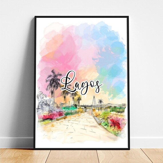 Lagos Palm Trees Bridge Watercolor Pastel Nigeria Travel Poster