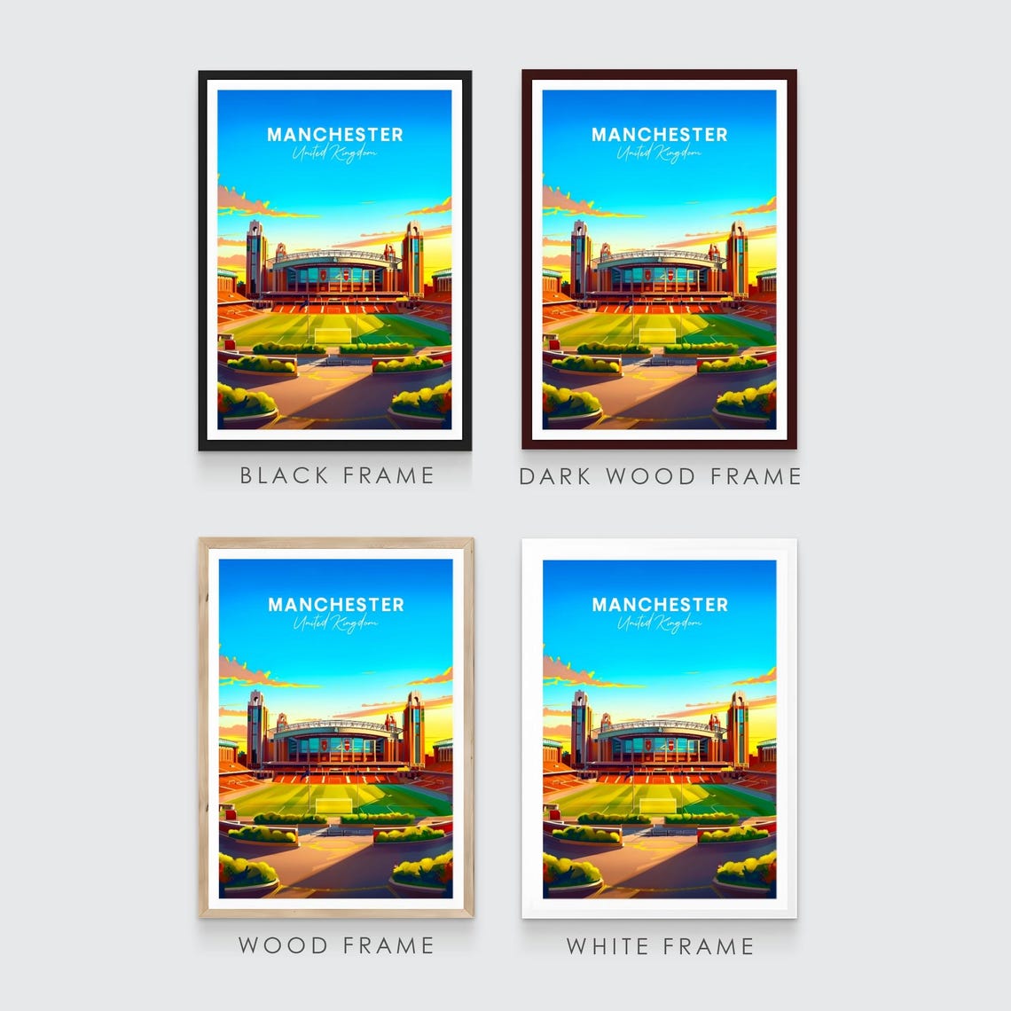 Manchester England Football Stadium Golden Sunset Travel Poster - Image 3