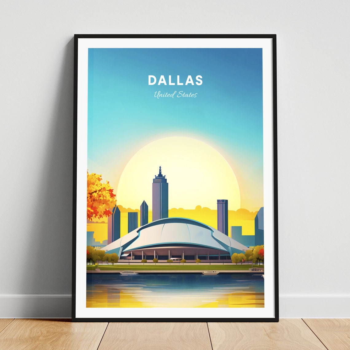 Dallas Domed Arena at Golden Sunset Over the Calm Water Poster