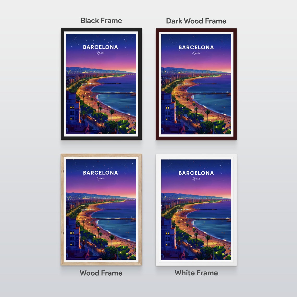 Barcelona Spain Aerial Night Beach City Lights Travel Poster - Image 2