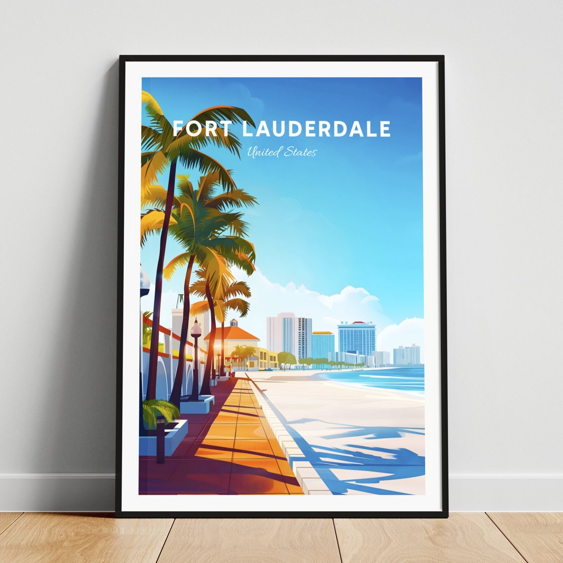 Fort Lauderdale Florida Beach Boardwalk Palm Trees Travel Poster