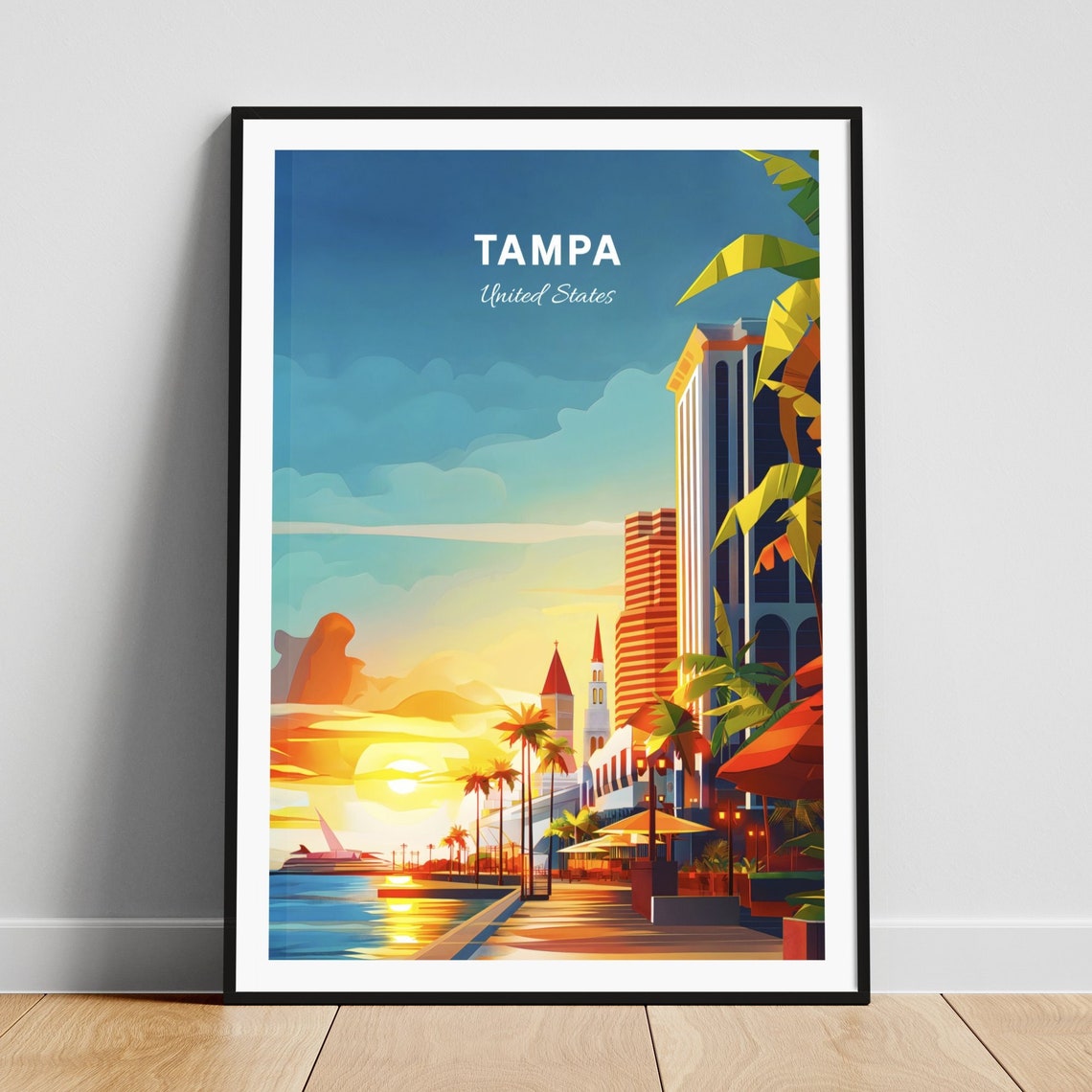 Tampa Florida Downtown Waterfront Sunset Skyline Travel Art Poster