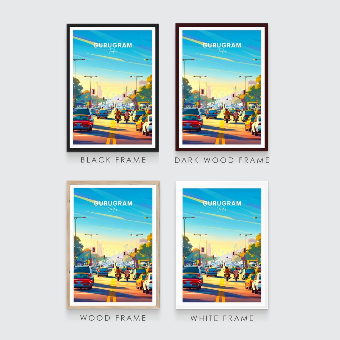 Gurugram India Busy Boulevard at Rush Hour Sunset Travel Poster - Image 3