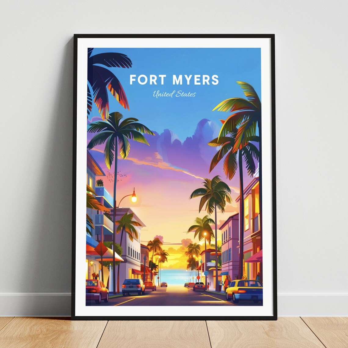 Fort Myers Florida Palm Tree Street Ocean View Travel Art Poster