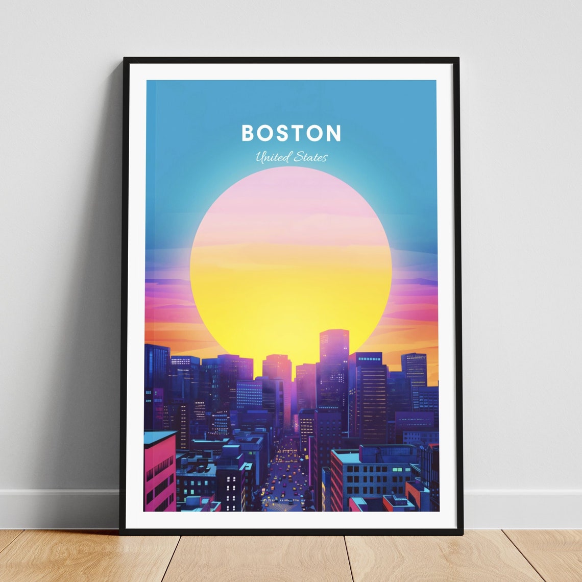 Boston Massachusetts Skyline Under Giant Sun Retro Travel Poster Art
