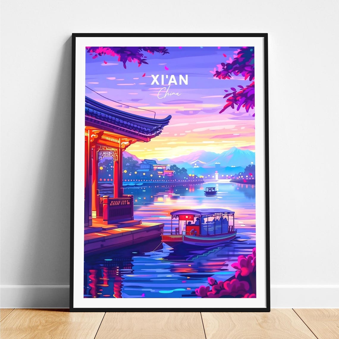 Xian China Riverside Pavilion Sunset Cruise Boat Scene Poster