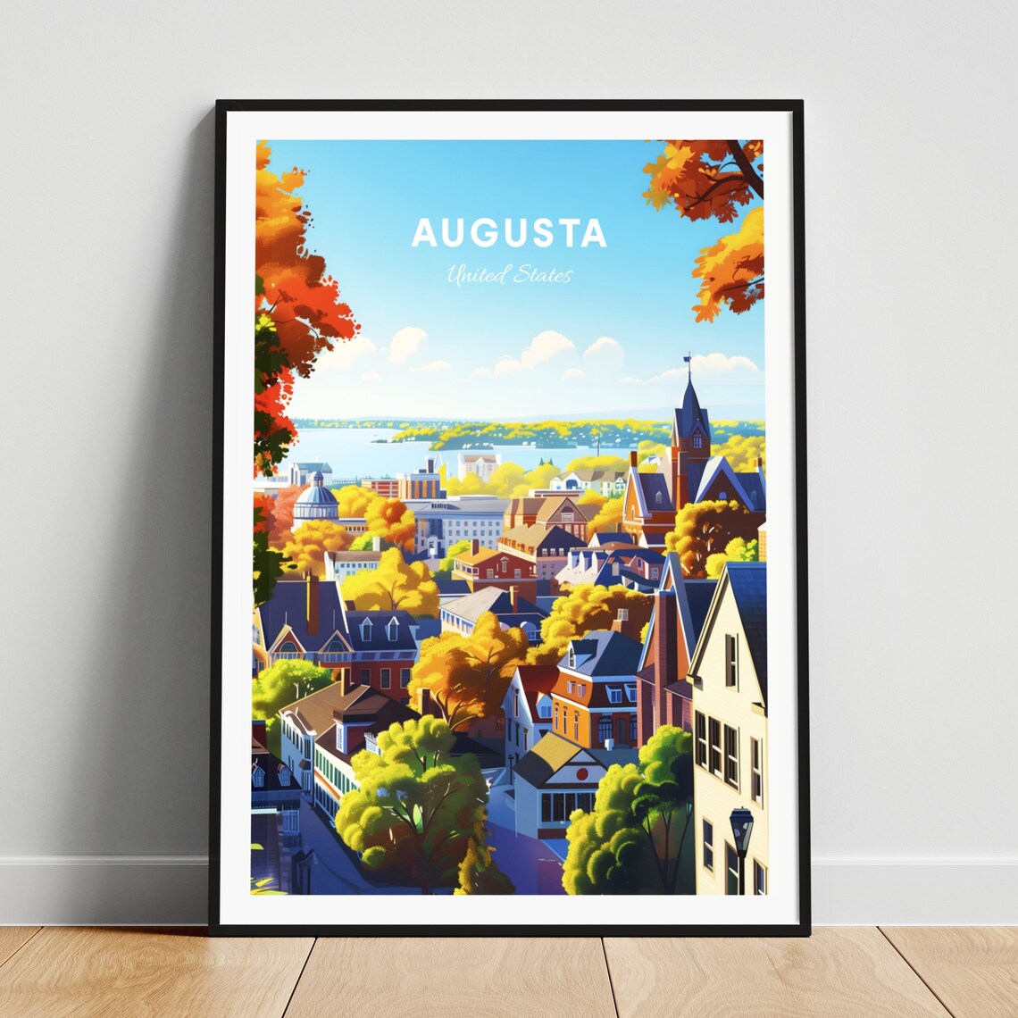 Augusta Maine Autumn Riverside Town Scenic Vintage Travel Poster