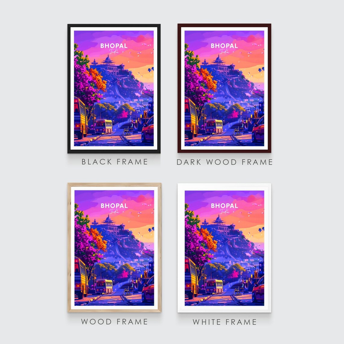 Bhopal India Hilltop Temple Sunset Pink Sky Street Travel Poster - Image 3