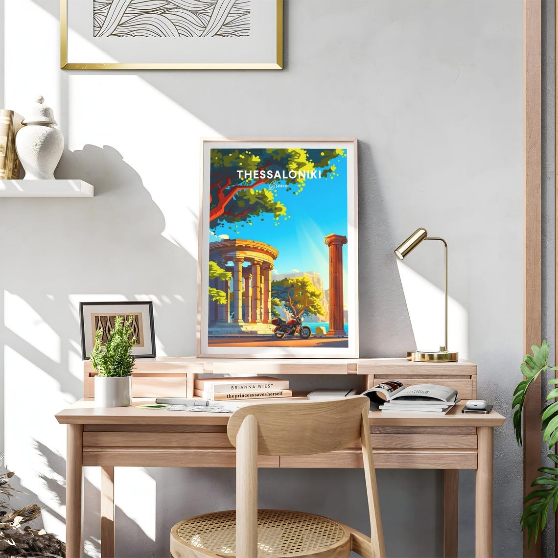 Thessaloniki Greece Ancient Columns Motorcycle Day View Art Poster - Image 4