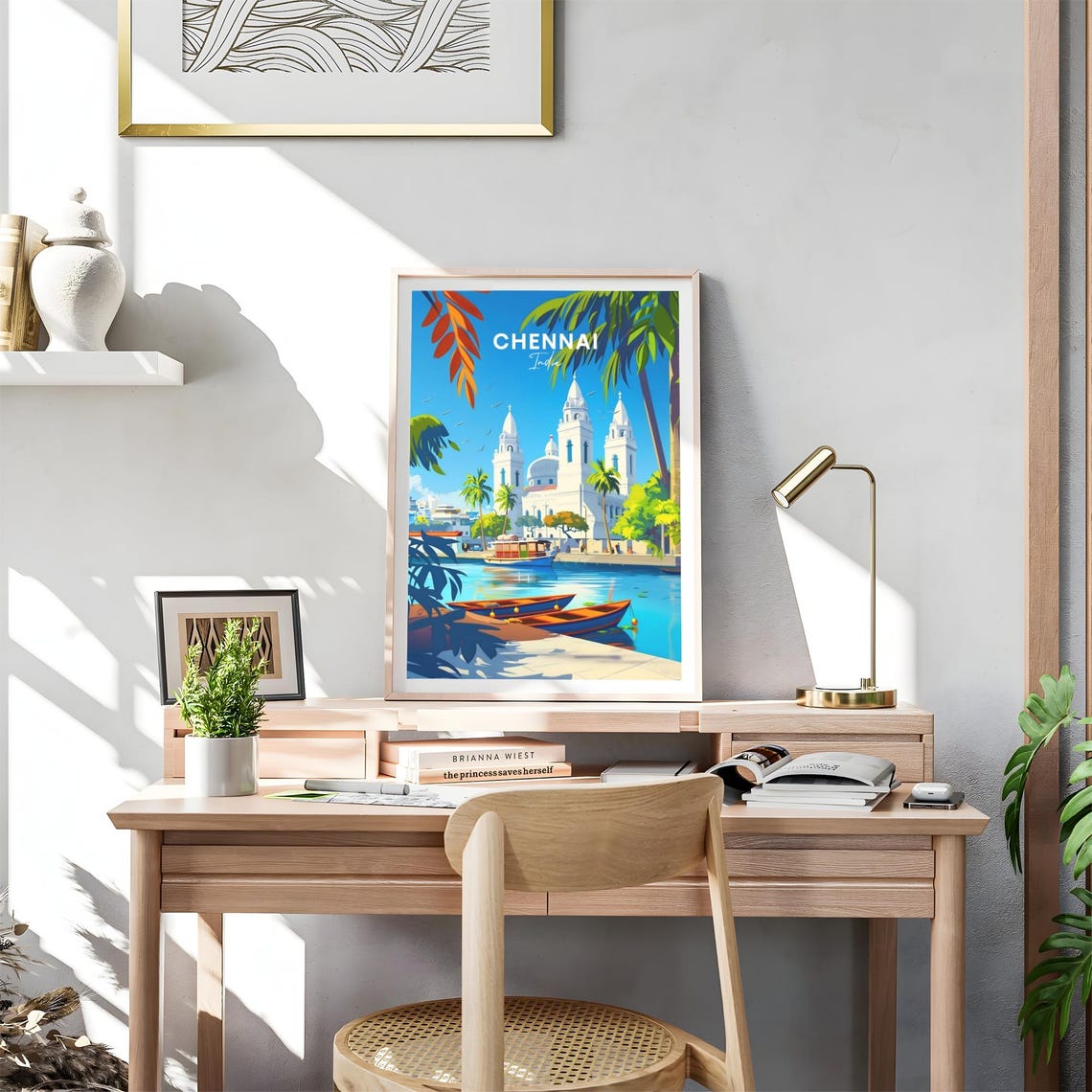 Chennai India White Seaside Church Harbor Boats Scene Travel Poster - Image 4