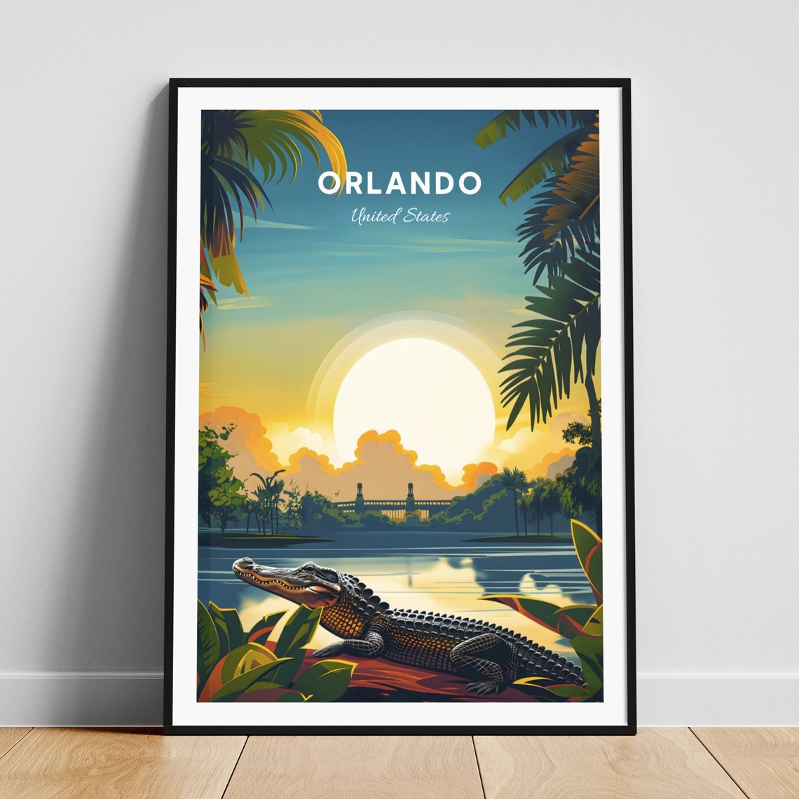 Orlando Alligator Lake Sunset Bridge Palms Vintage Travel Poster
