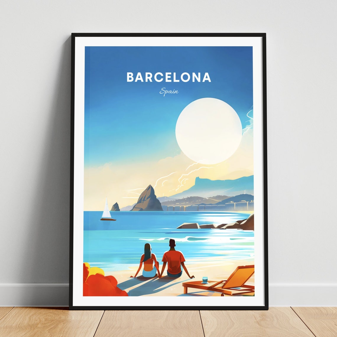 Barcelona Spain Couple Watching Sunset Beach Sail Travel Poster