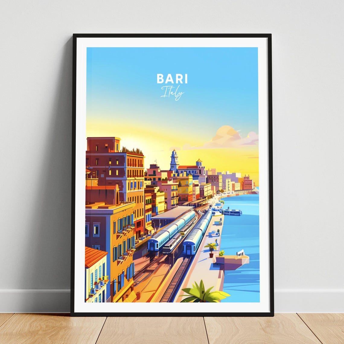 Bari Italy Waterfront Sunset Trains Seafront City View Travel Poster