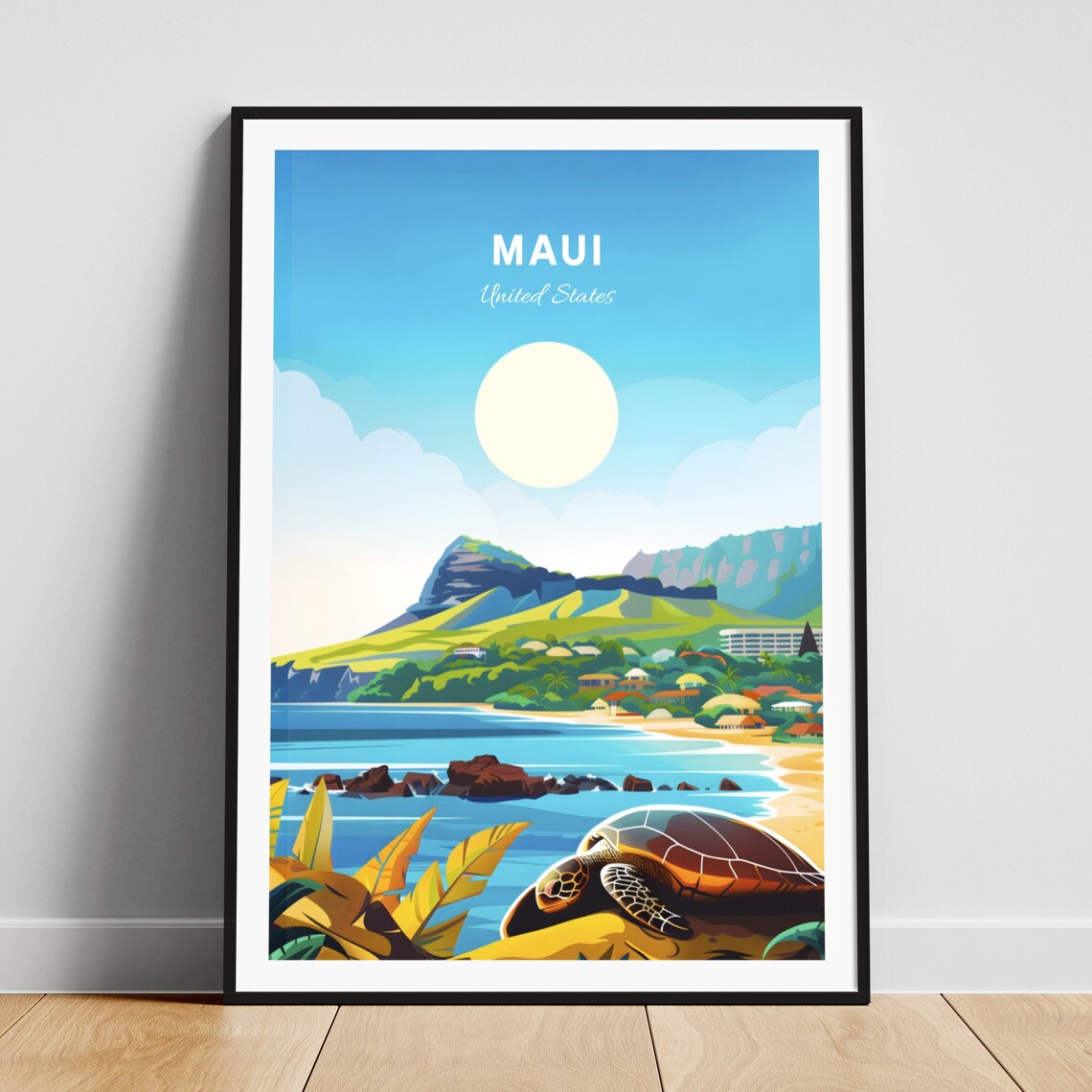 Maui Hawaii Sea Turtle Beach Mountains Sunset Travel Poster Art