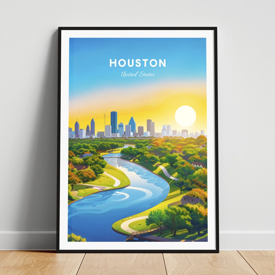 Houston Texas Skyline and Winding River Through Green Park Poster