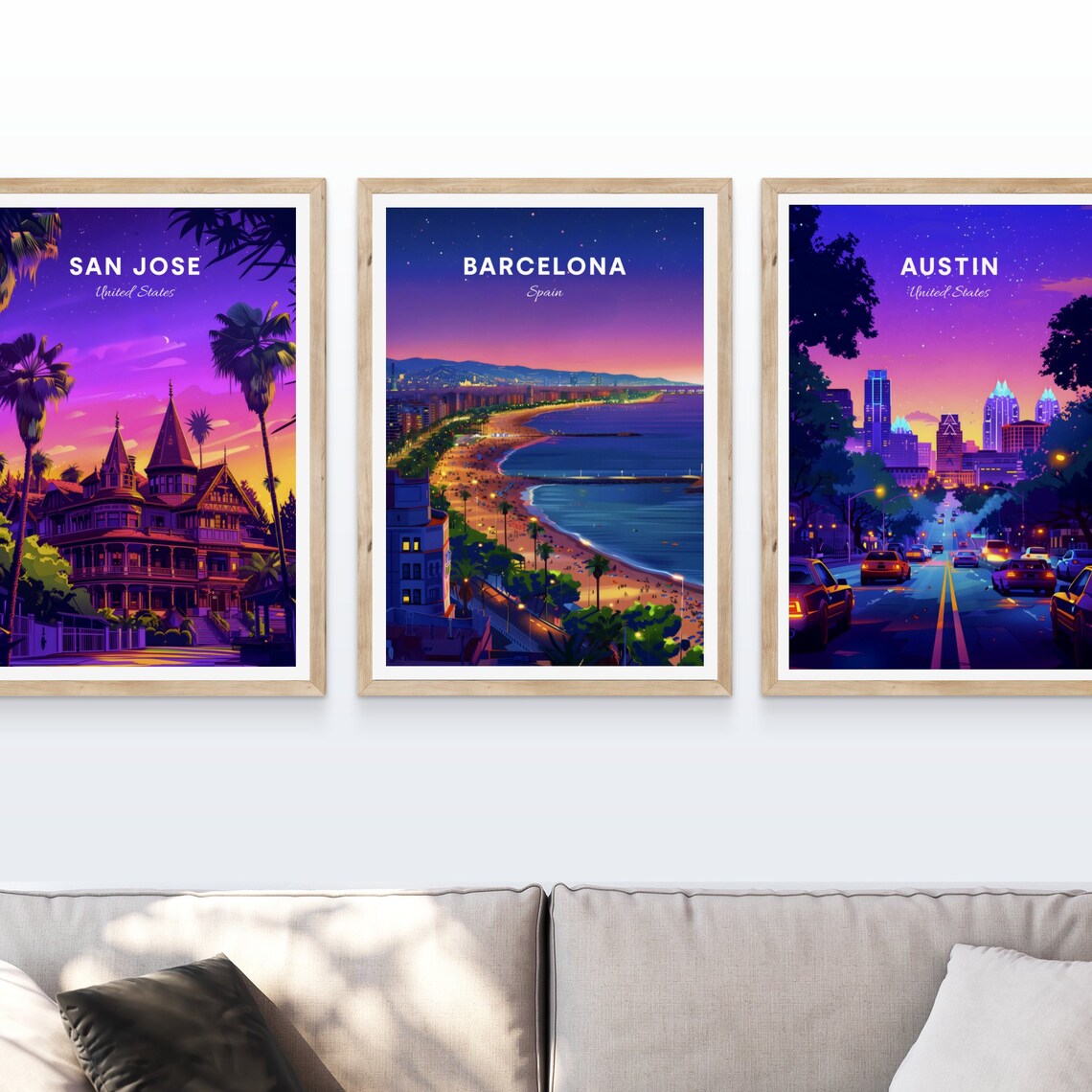 Barcelona Spain Aerial Night Beach City Lights Travel Poster - Image 4