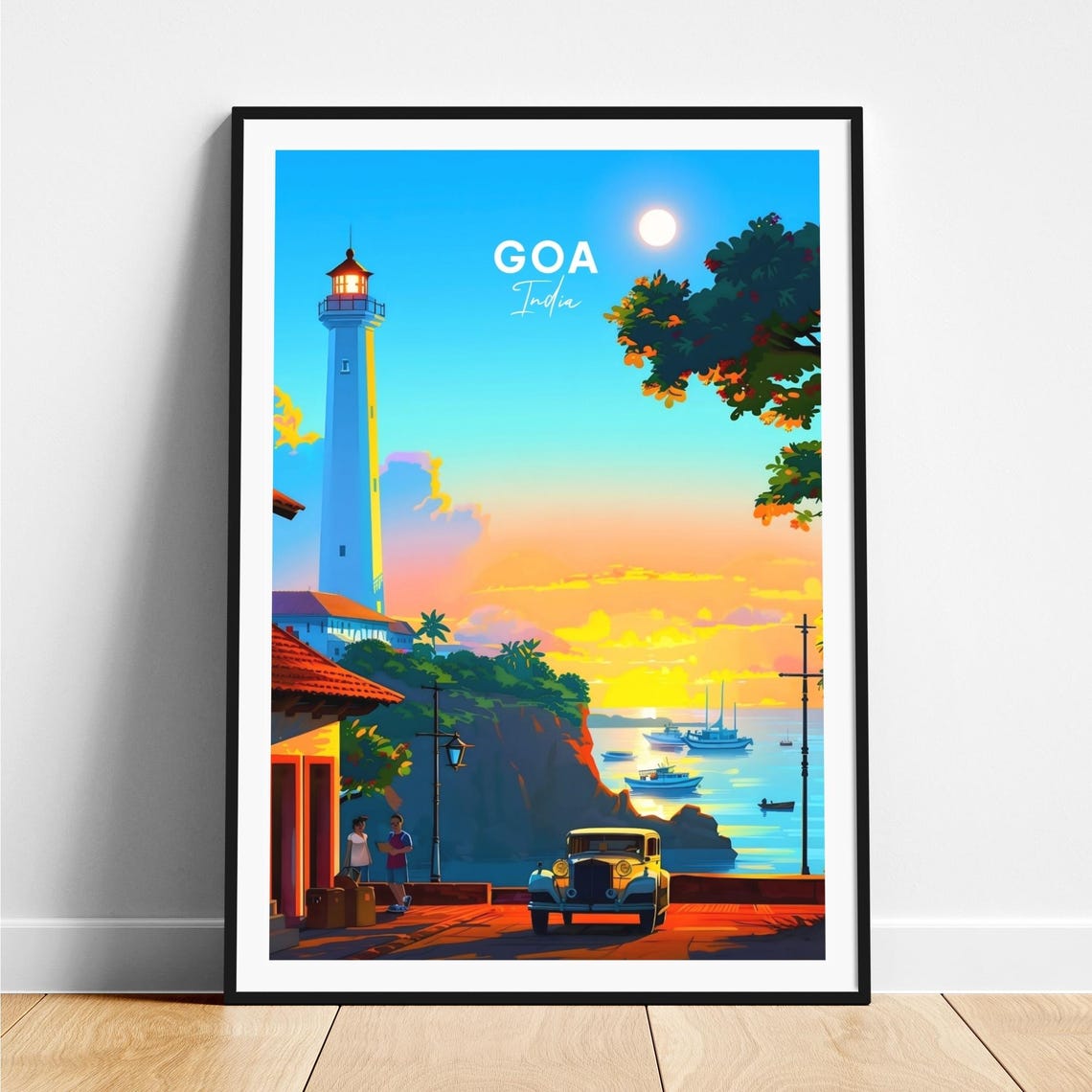 Goa India Cliff Lighthouse Sunset Boats Vintage Car Travel Poster