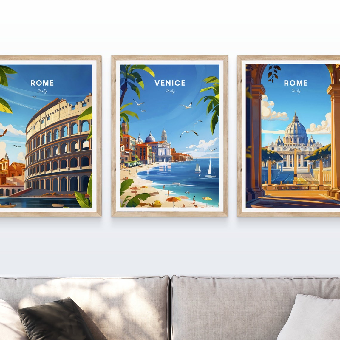 Venice Italy Sunny Beach Waterfront Sailboats Palms Travel Poster - Image 3
