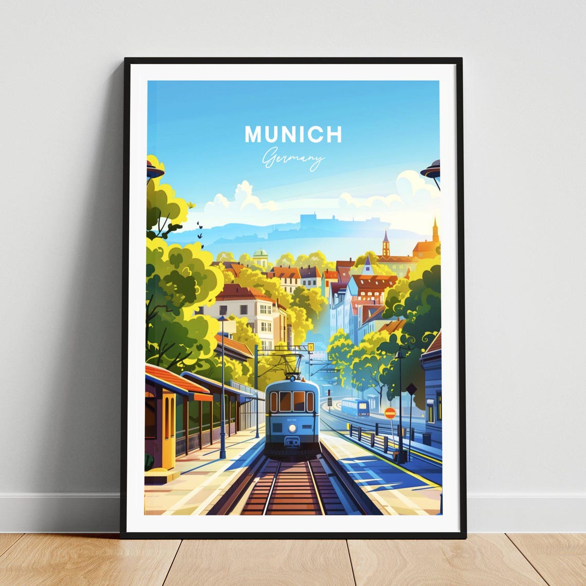 Munich Germany Vintage Tram Station Town View Travel Poster Art