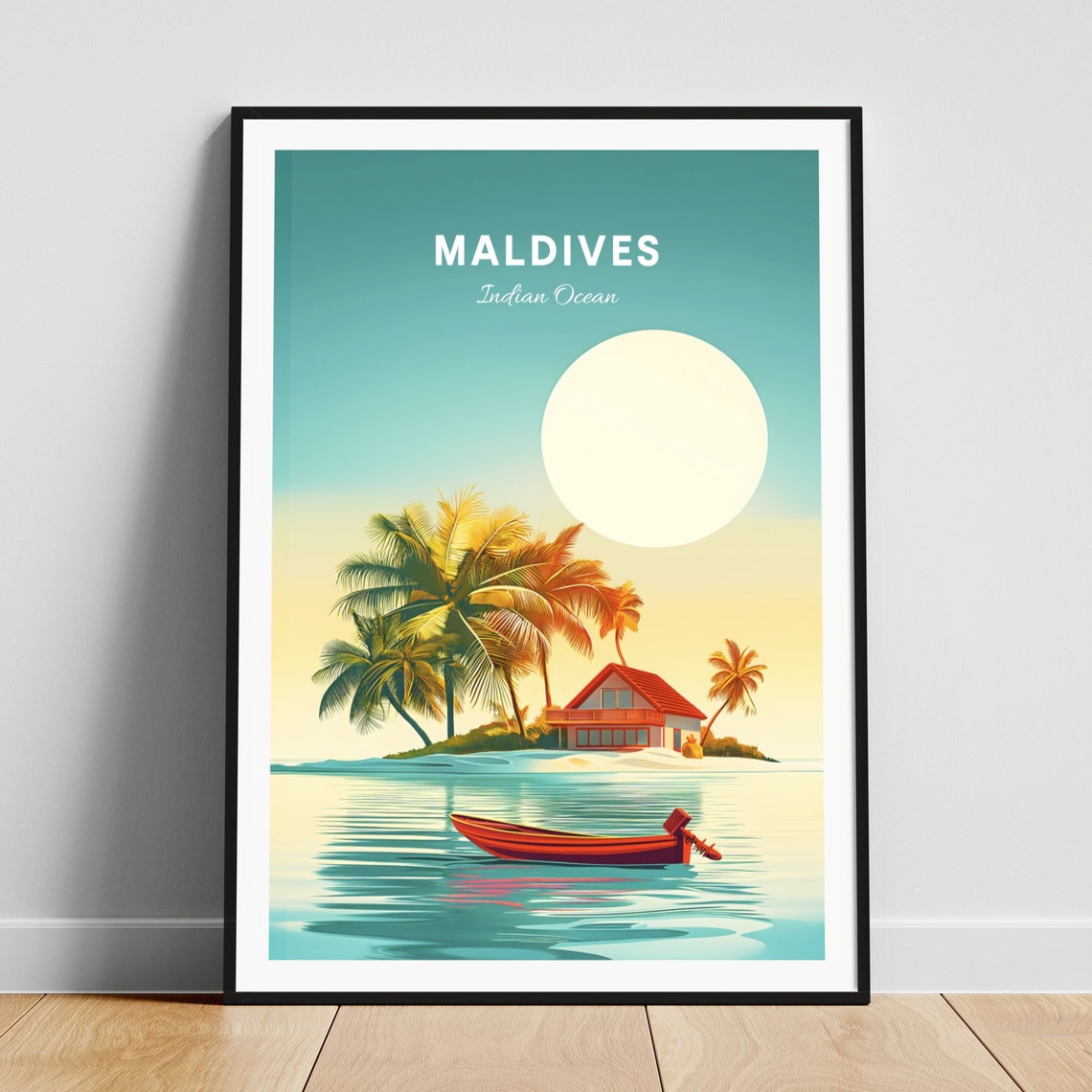 Maldives Indian Ocean Island Bungalow Boat Lagoon Travel Poster