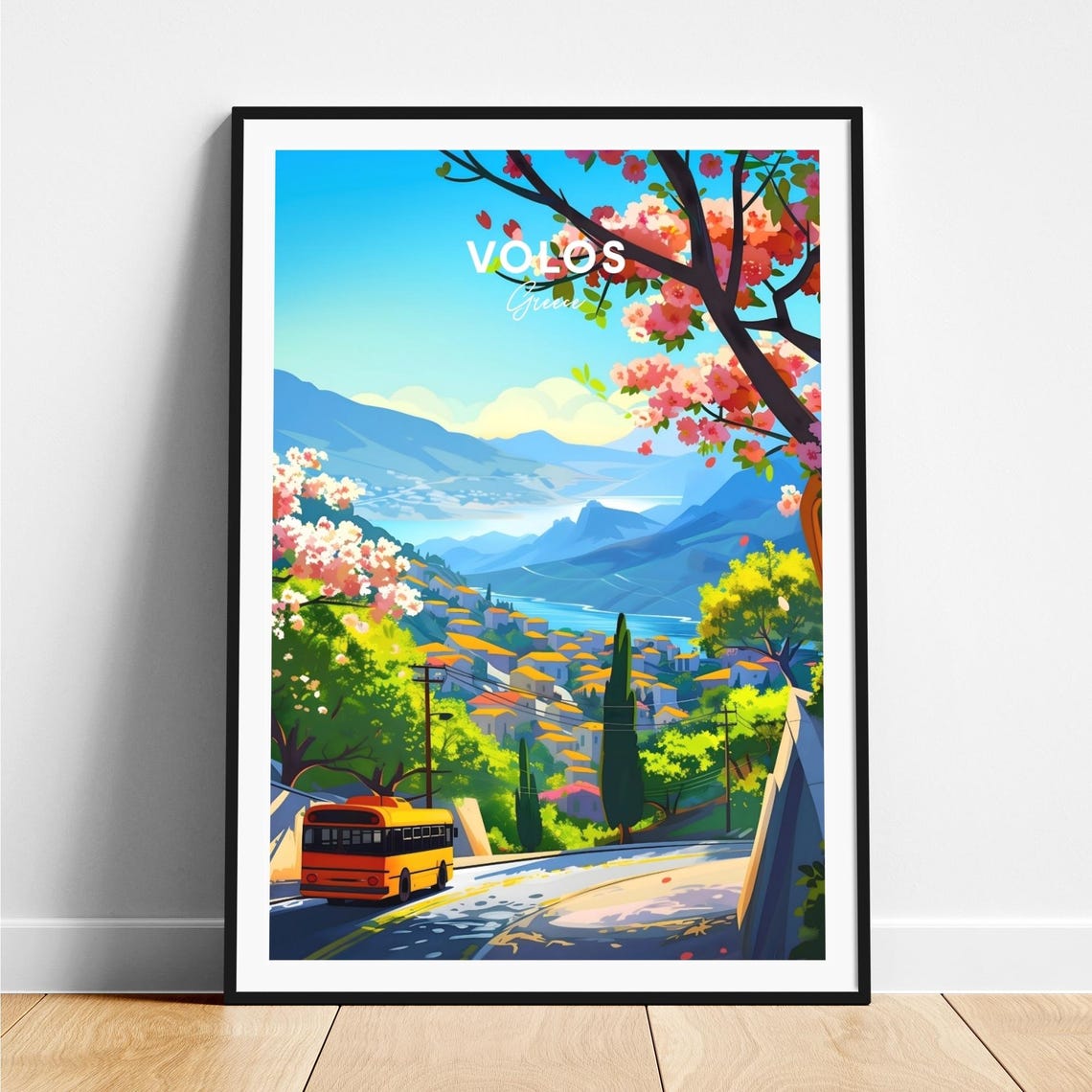 Volos Greece Hillside Town Bus Blossom View Scenic Travel Poster