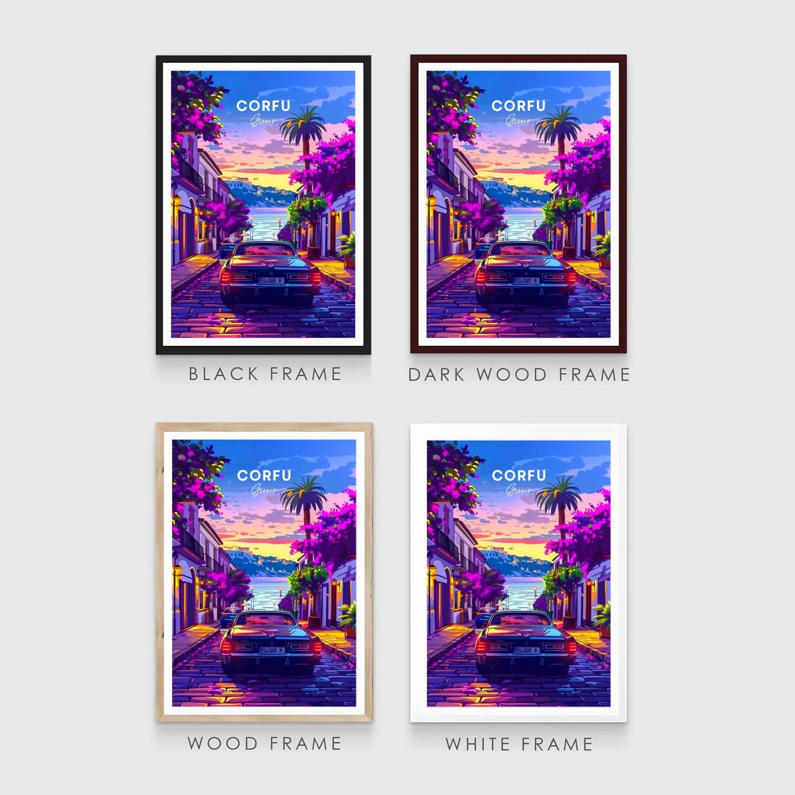 Corfu Greece Cobblestone Street with Vintage Car at Sunset Poster - Image 3