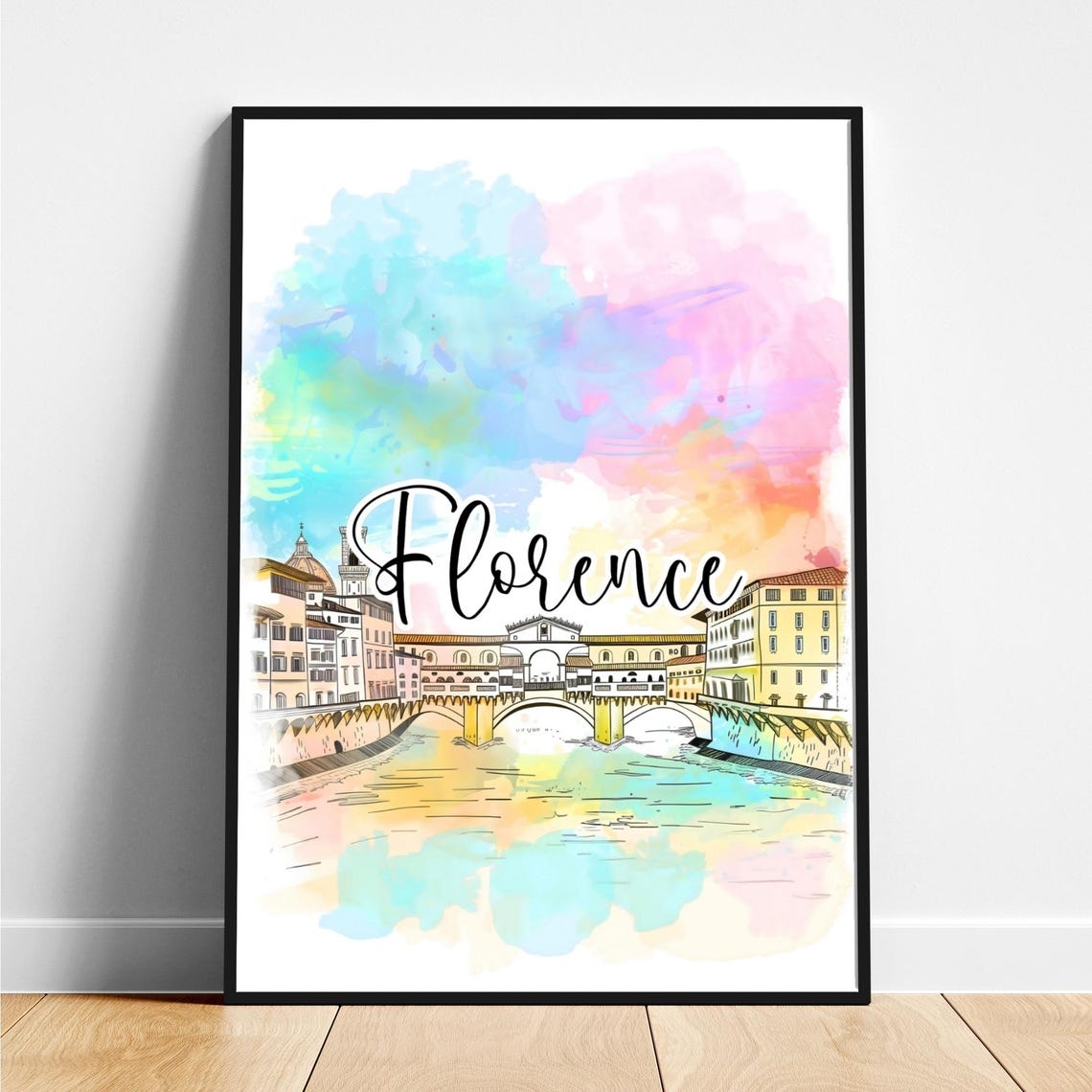 Florence Italy Ponte Vecchio Bridge River Watercolor Travel Poster