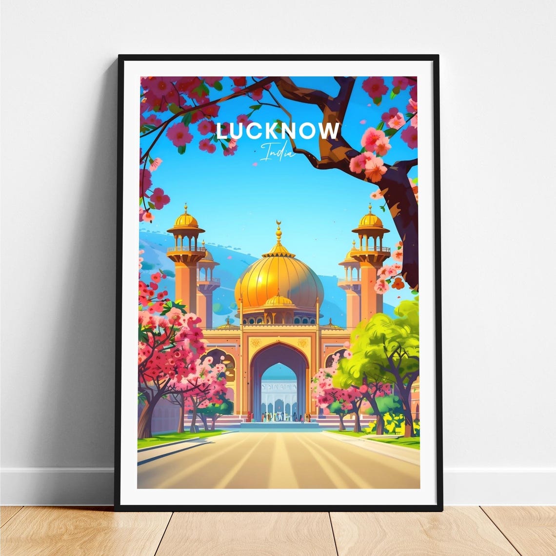 Lucknow Golden Dome Mosque Cherry Blossoms India Travel Poster